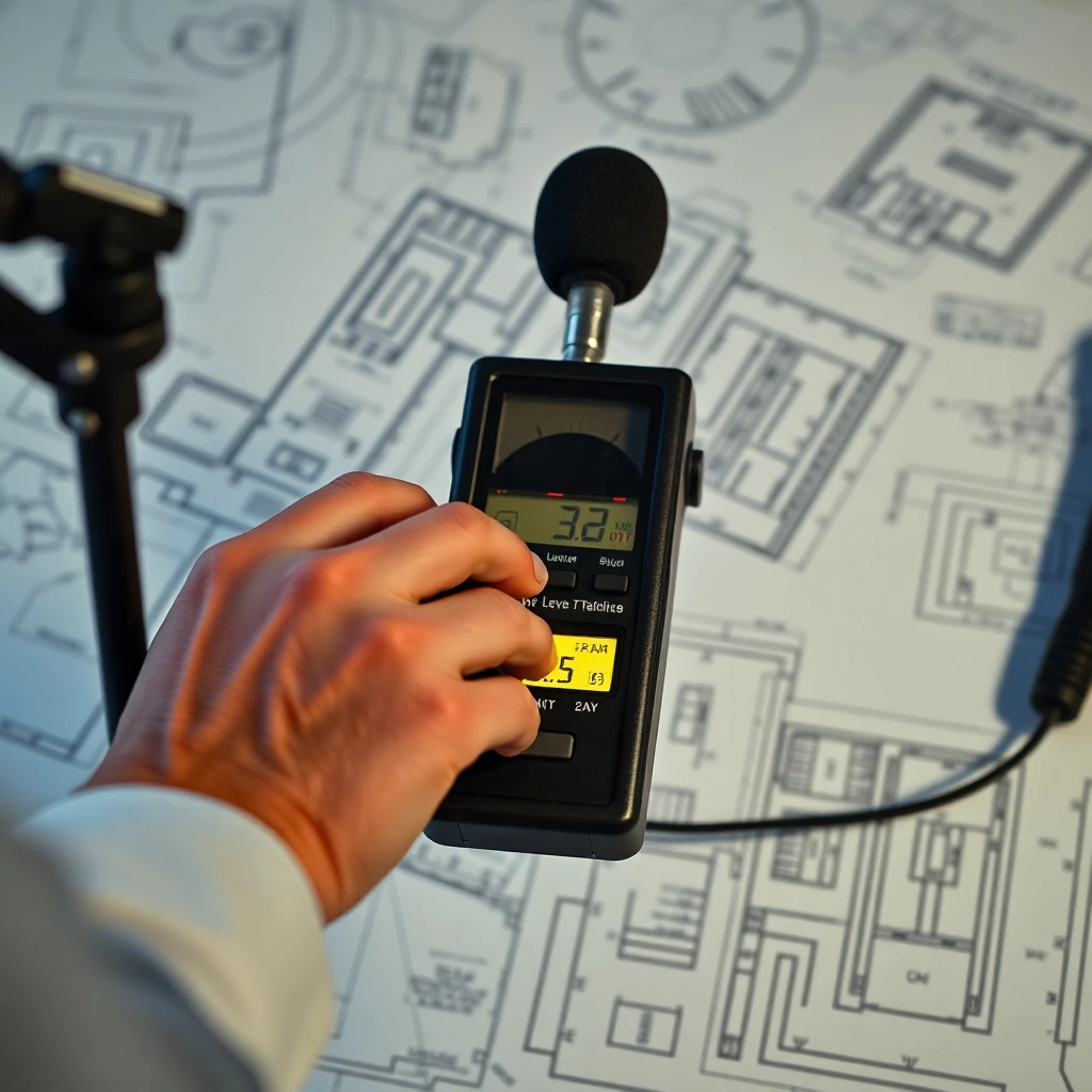 Engenheiro ajustando equipamento de medição sonora