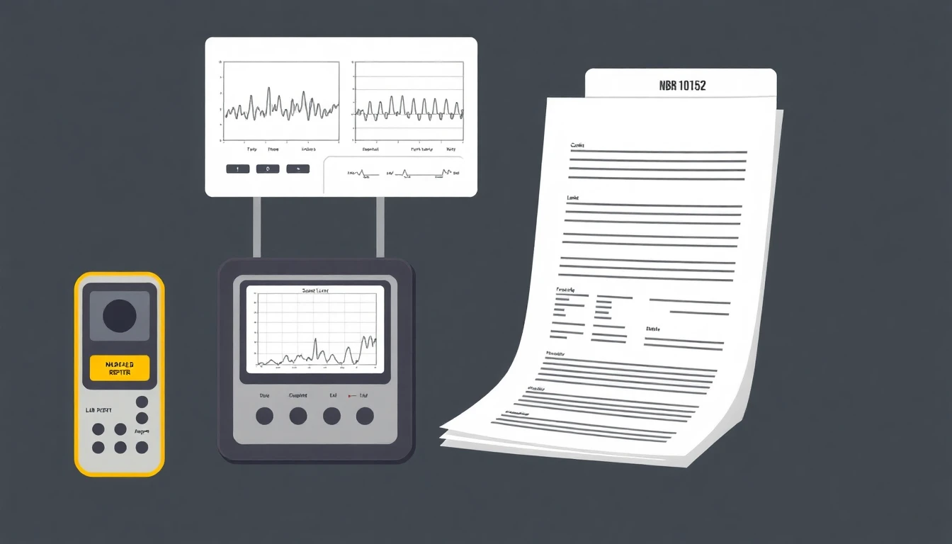 Equipamento de medição acústica e relatório técnico (NBR 10152) ilustrando medições e gráficos