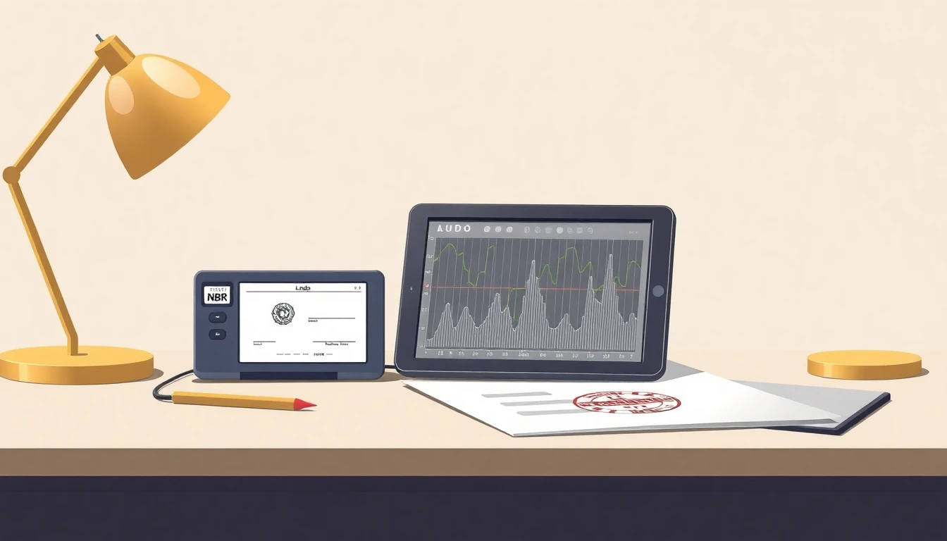 Ilustração de cabeçalho de laudo acústico com medidor e relatório