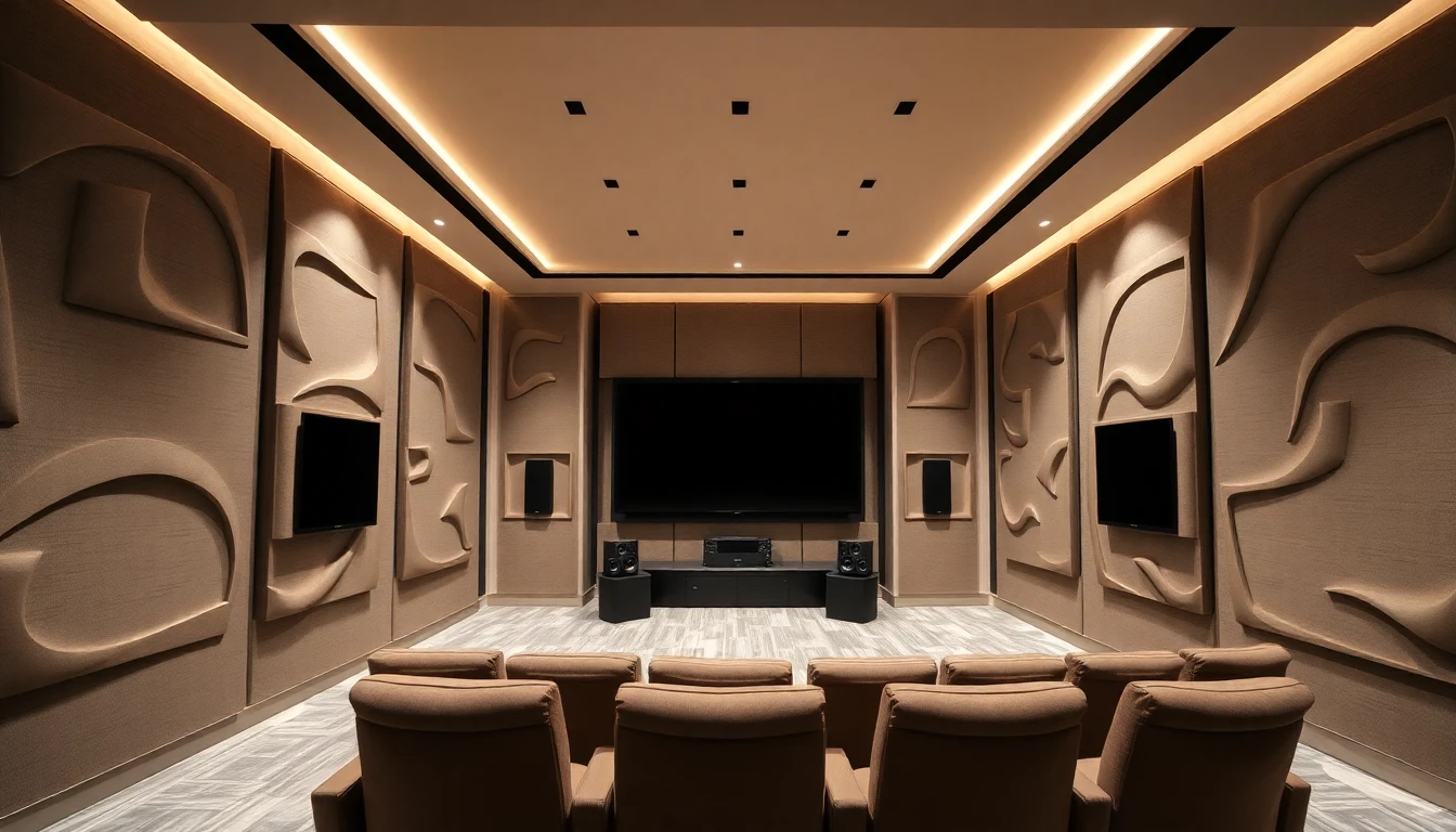 Interior de cinema privado de luxo com tratamento acústico integrado